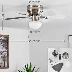 Ventilateur De Plafond Trillo Gris, Nickel Mat, Blanc, 1 Lumiere