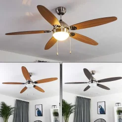 Ventilateur De Plafond Valeria Chrome, Bois Clair, Nickel Mat, 1 Lumiere