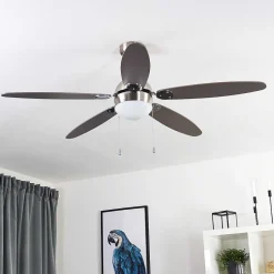 Ventilateur De Plafond Valeria Chrome, Bois Clair, Nickel Mat, 1 Lumiere