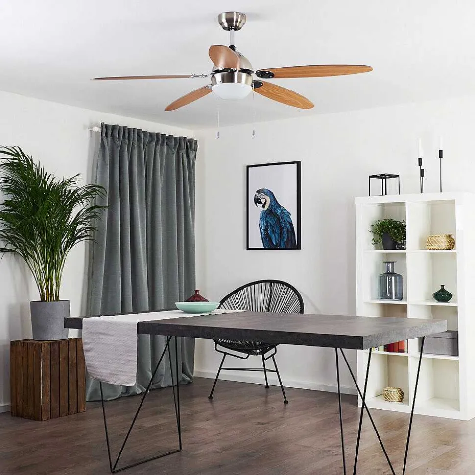 Ventilateur De Plafond Valeria Chrome, Bois Clair, Nickel Mat, 1 Lumiere