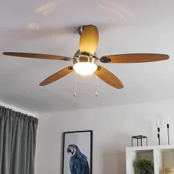 Ventilateur De Plafond Valeria Chrome, Bois Clair, Nickel Mat, 1 Lumiere