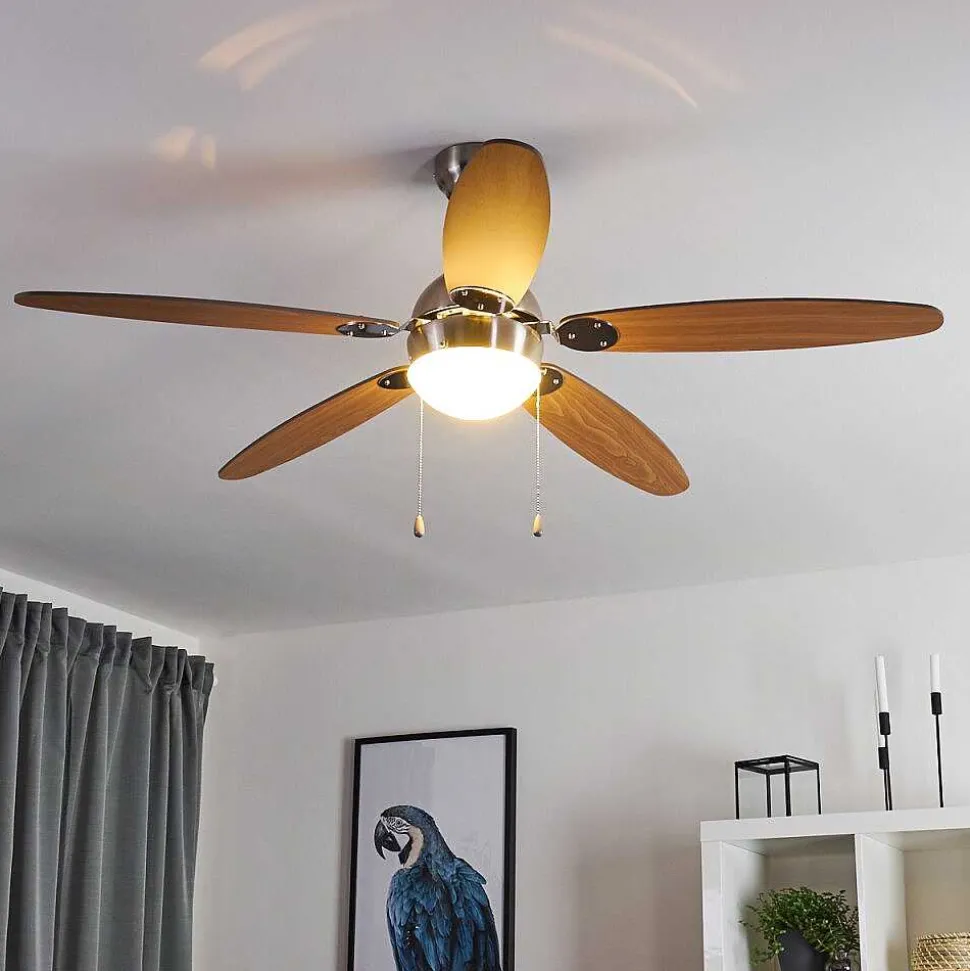 Ventilateur De Plafond Valeria Chrome, Bois Clair, Nickel Mat, 1 Lumiere