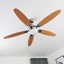 Ventilateur De Plafond Valeria Chrome, Bois Clair, Nickel Mat, 1 Lumiere