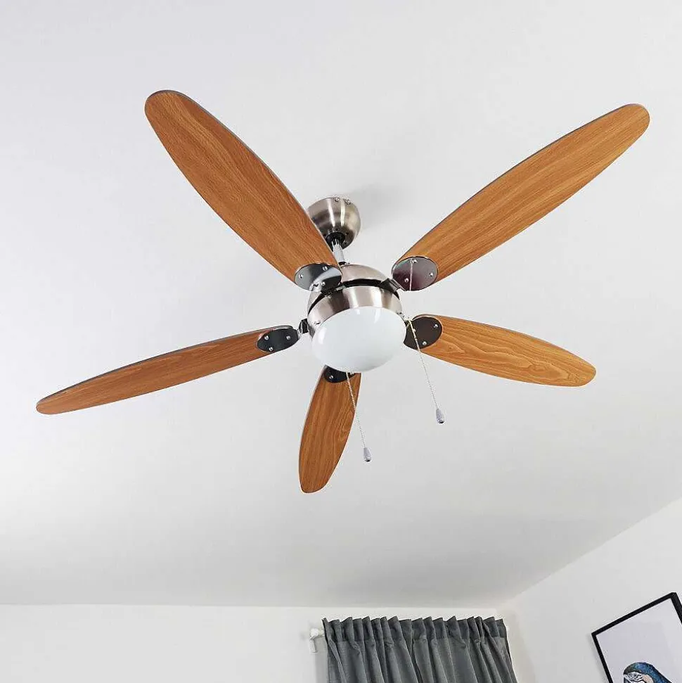 Ventilateur De Plafond Valeria Chrome, Bois Clair, Nickel Mat, 1 Lumiere