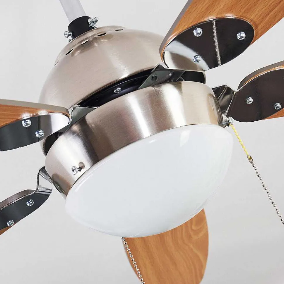 Ventilateur De Plafond Valeria Chrome, Bois Clair, Nickel Mat, 1 Lumiere