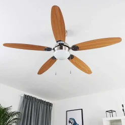 Ventilateur De Plafond Valeria Chrome, Bois Clair, Nickel Mat, 1 Lumiere