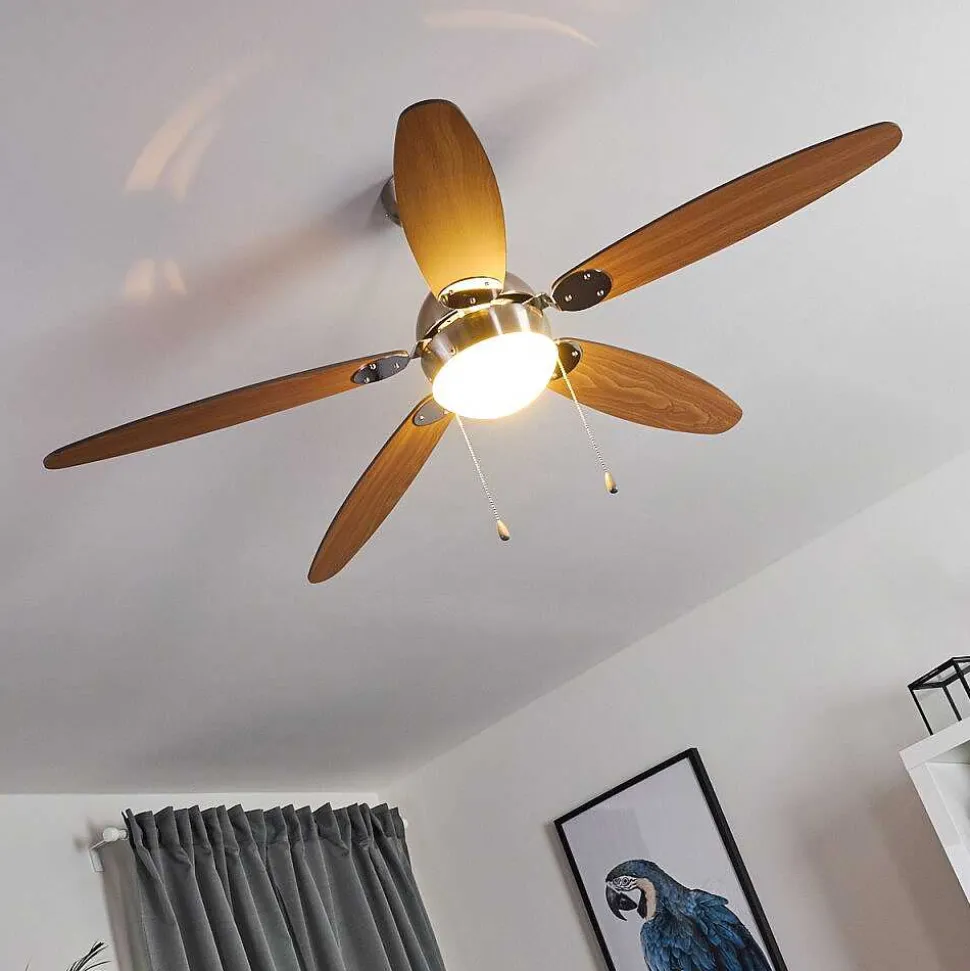 Ventilateur De Plafond Valeria Chrome, Bois Clair, Nickel Mat, 1 Lumiere