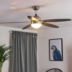 Ventilateur De Plafond Valeria Chrome, Bois Clair, Nickel Mat, 1 Lumiere