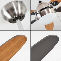 Ventilateur De Plafond Valeria Chrome, Bois Clair, Nickel Mat, 1 Lumiere