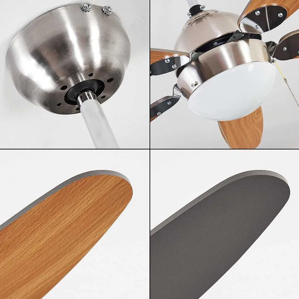 Ventilateur De Plafond Valeria Chrome, Bois Clair, Nickel Mat, 1 Lumiere