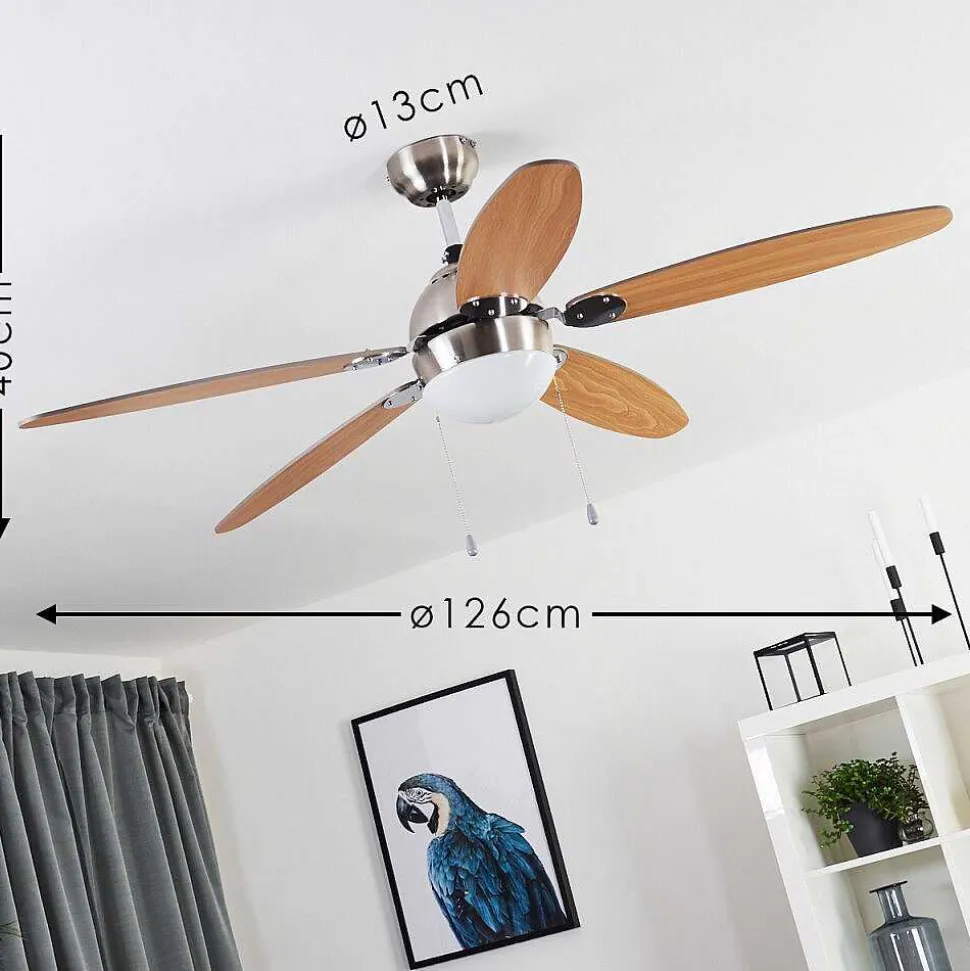 Ventilateur De Plafond Valeria Chrome, Bois Clair, Nickel Mat, 1 Lumiere