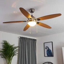 Ventilateur De Plafond Valeria Chrome, Bois Clair, Nickel Mat, 1 Lumiere