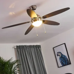 Ventilateur De Plafond Valeria Chrome, Bois Clair, Nickel Mat, 1 Lumiere