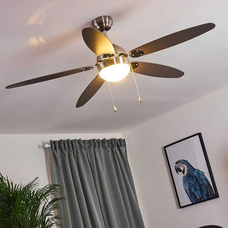 Ventilateur De Plafond Valeria Chrome, Bois Clair, Nickel Mat, 1 Lumiere