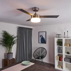 Ventilateur De Plafond Vevey Bois Clair, Nickel Mat, Argente, 2 Lumieres, Telecommandes