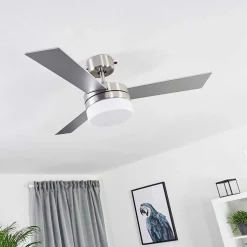 Ventilateur De Plafond Vevey Bois Clair, Nickel Mat, Argente, 2 Lumieres, Telecommandes