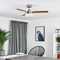 Ventilateur De Plafond Vevey Bois Clair, Nickel Mat, Argente, 2 Lumieres, Telecommandes